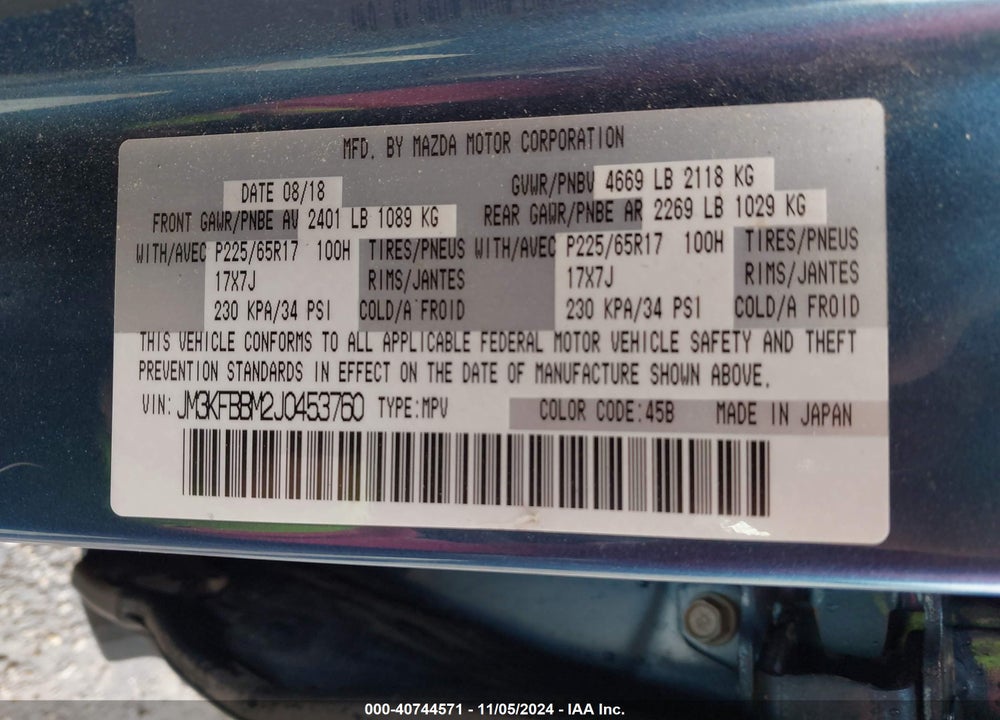 2018 MAZDA CX-5 SPORT VIN: JM3KFBBM2J0453760
