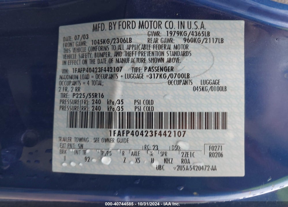 2003 FORD MUSTANG VIN: 1FAFP40423F442107