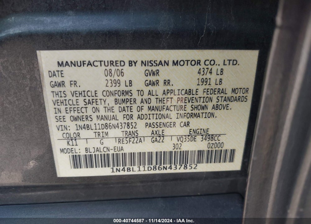 2006 NISSAN ALTIMA 3.5 SE VIN: 1N4BL11D86N437852