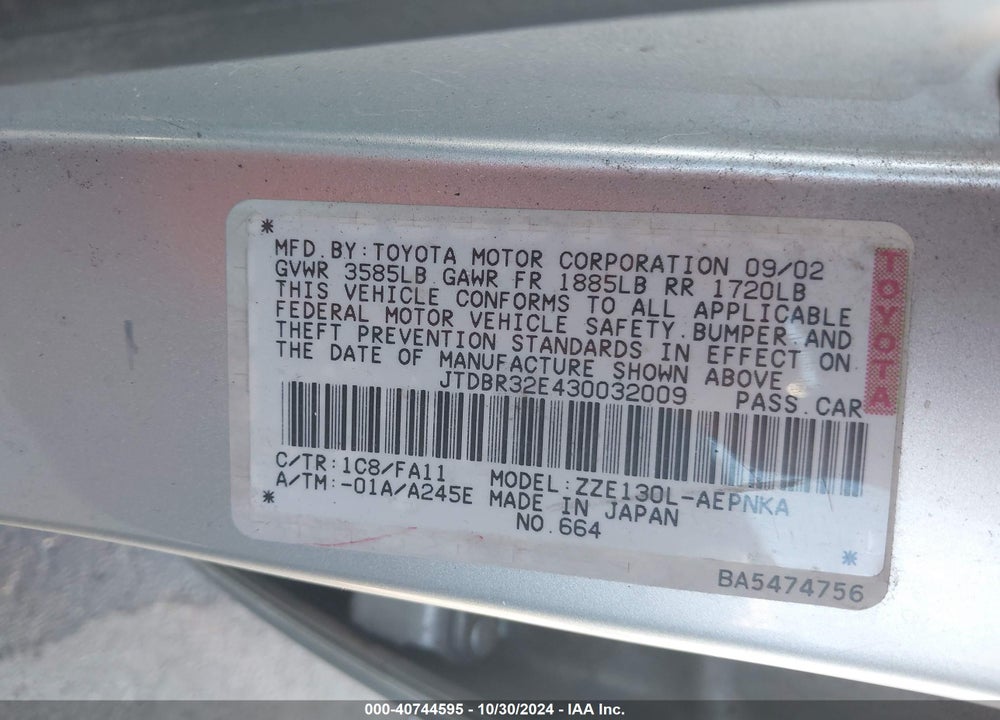 2003 TOYOTA COROLLA LE VIN: JTDBR32E430032009