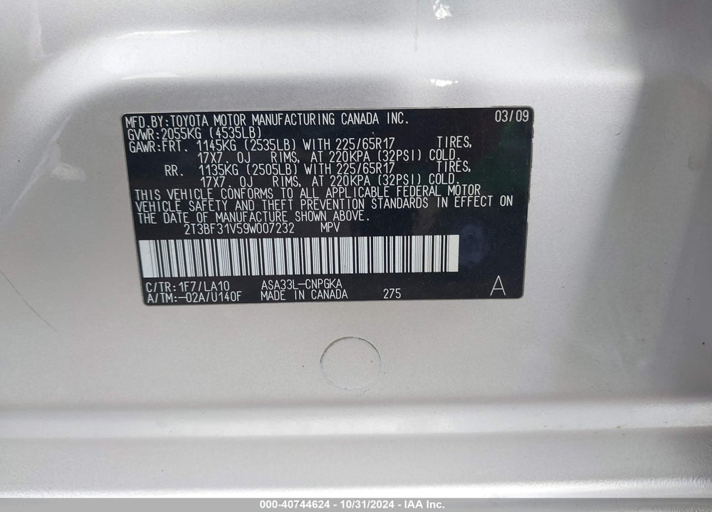 2009 TOYOTA RAV4 LIMITED VIN: 2T3BF31V59W007232