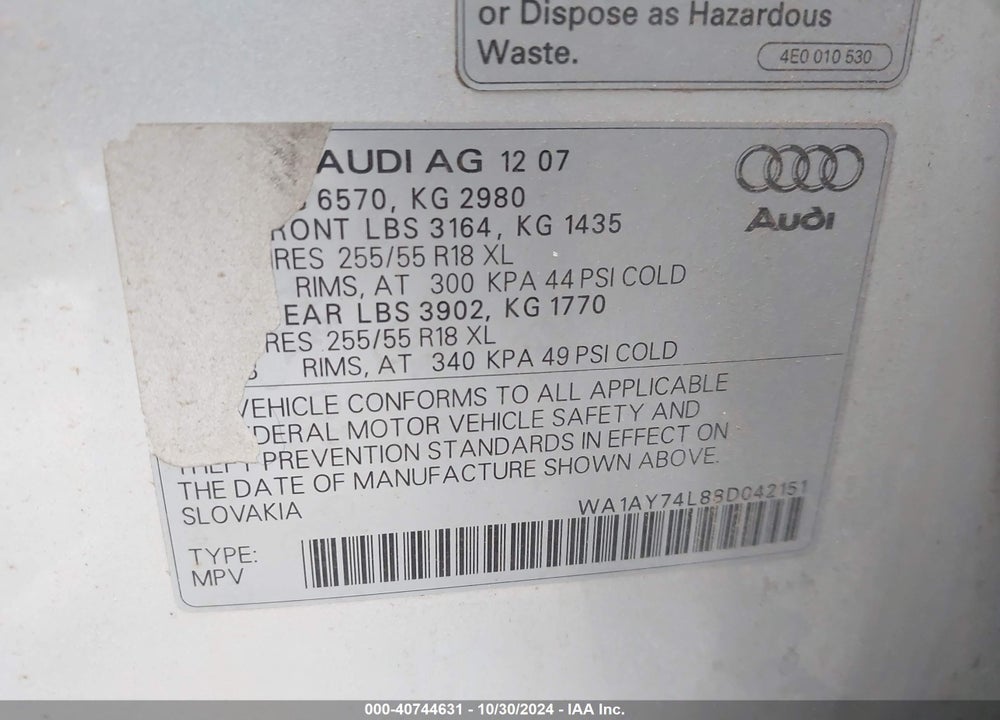 2008 AUDI Q7 3.6 VIN: WA1AY74L88D042151