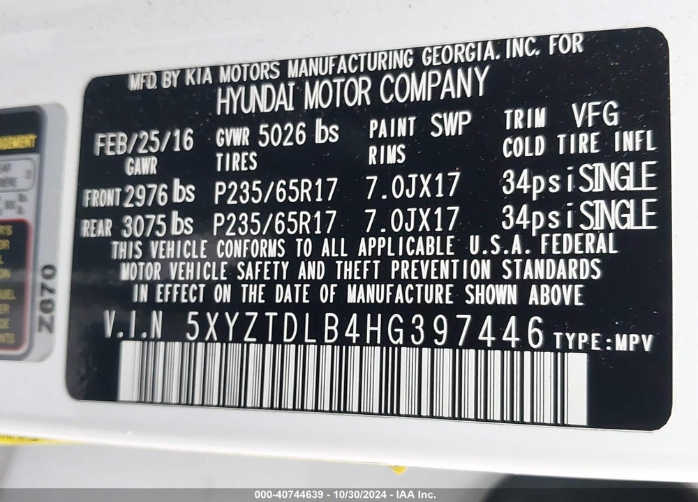 2017 HYUNDAI SANTA FE SPORT 2.4L VIN: 5XYZTDLB4HG397446