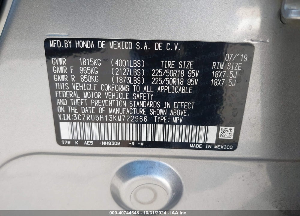 2019 HONDA HR-V SPORT VIN: 3CZRU5H13KM722966