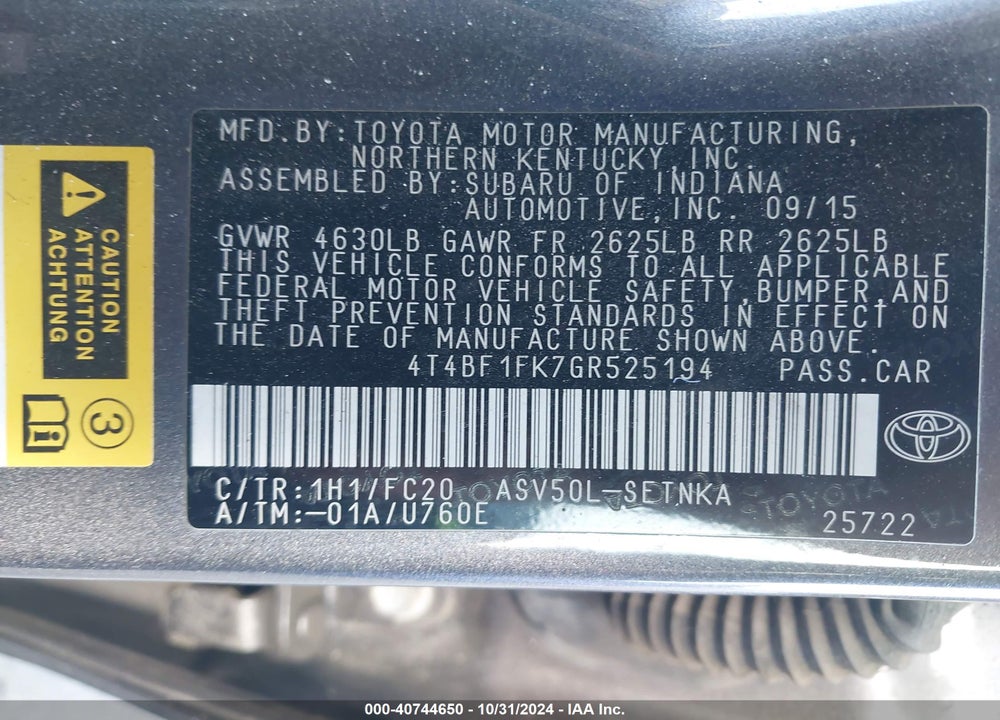 2016 TOYOTA CAMRY VIN: 4T4BF1FK7GR525194
