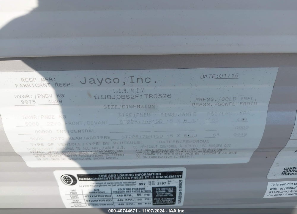 2015 JAYCO 36FT VIN: 1UJBJ0BS2F1TR0526