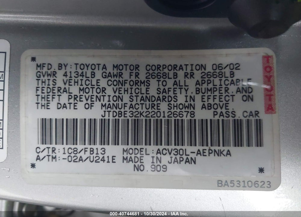 2002 TOYOTA CAMRY LE VIN: JTDBE32K220126678