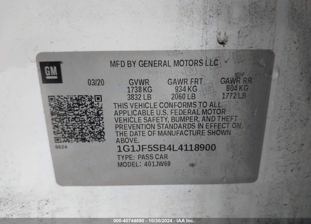 2020 CHEVROLET SONIC FWD  PREMIER VIN: 1G1JF5SB4L4118900