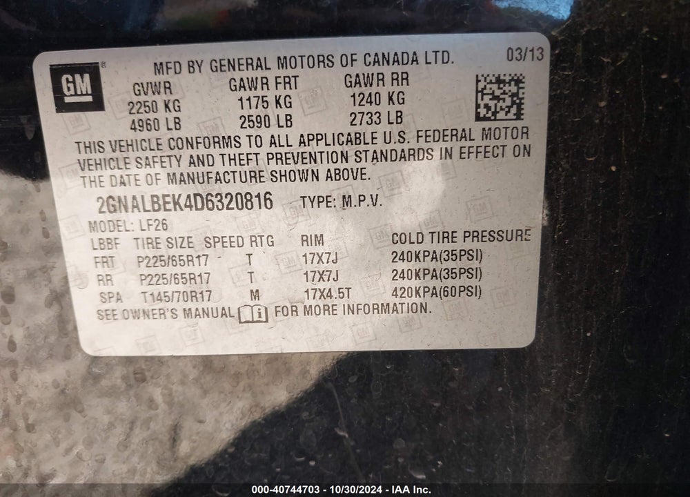 2013 CHEVROLET EQUINOX LS VIN: 2GNALBEK4D6320816
