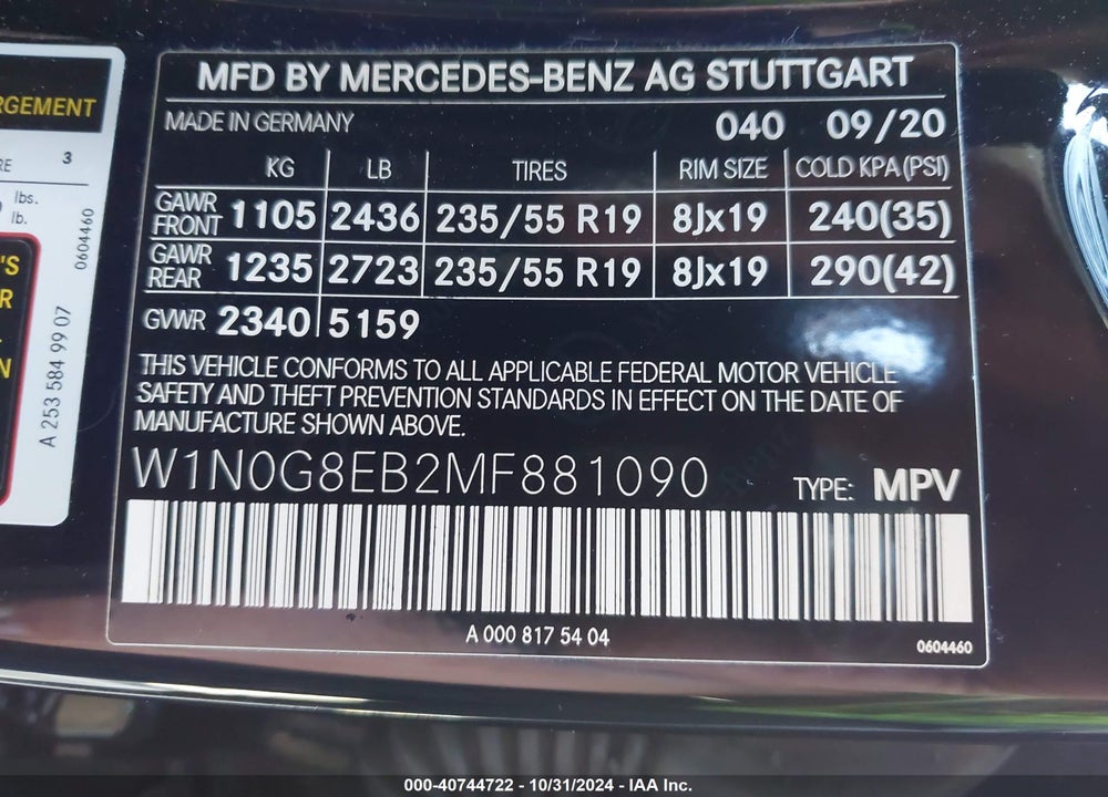 2021 MERCEDES-BENZ GLC 300 4MATIC SUV VIN: W1N0G8EB2MF881090