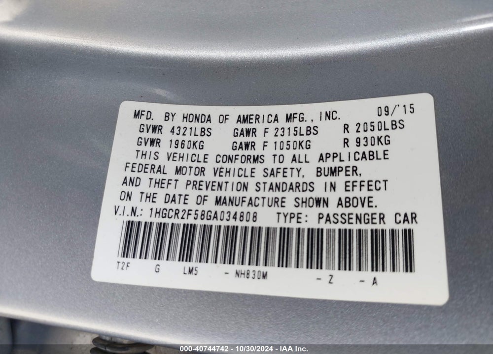 2016 HONDA ACCORD SPORT VIN: 1HGCR2F58GA034808
