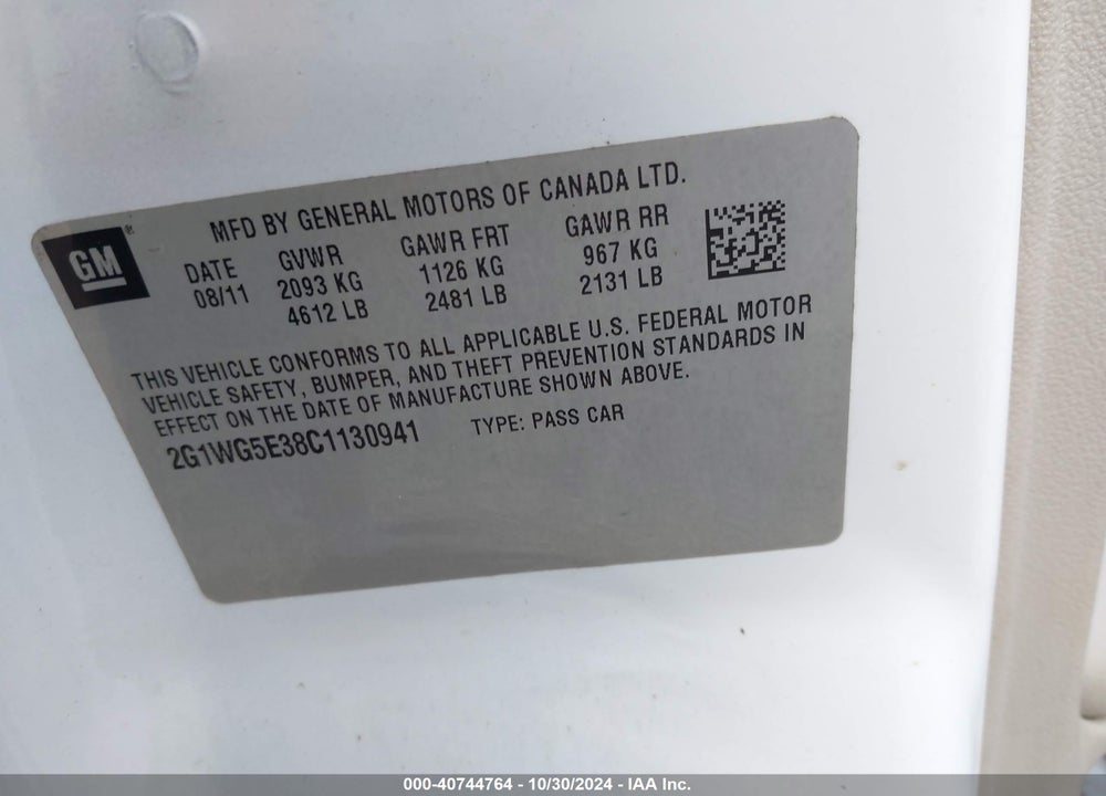 2012 CHEVROLET IMPALA LT VIN: 2G1WG5E38C1130941