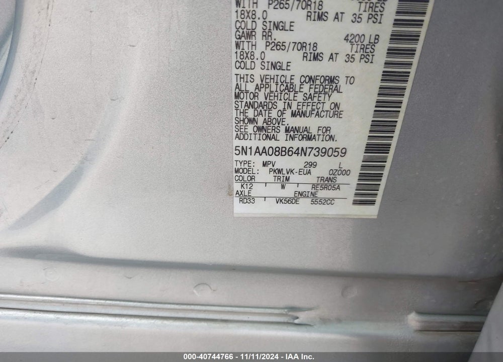 2004 NISSAN PATHFINDER ARMADA LE VIN: 5N1AA08B64N739059