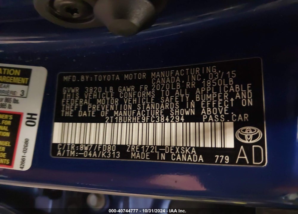 2015 TOYOTA COROLLA S PLUS VIN: 2T1BURHE9FC384294
