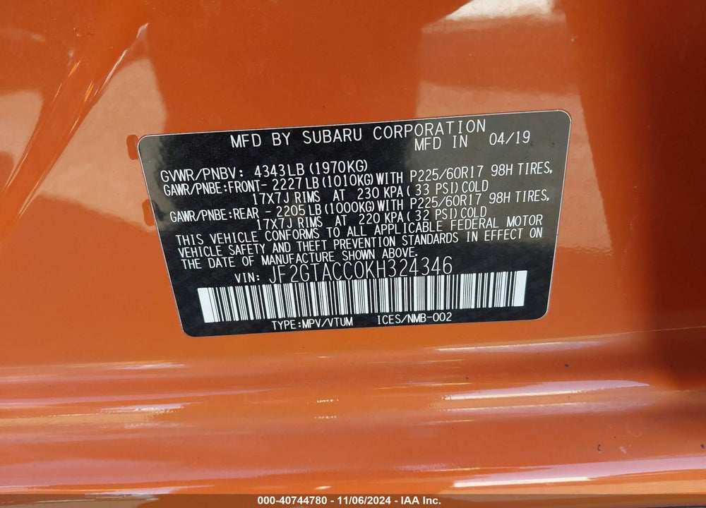 2019 SUBARU CROSSTREK 2.0I PREMIUM VIN: JF2GTACC0KH324346