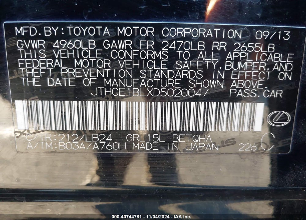 2013 LEXUS GS 350 VIN: JTHCE1BLXD5020047