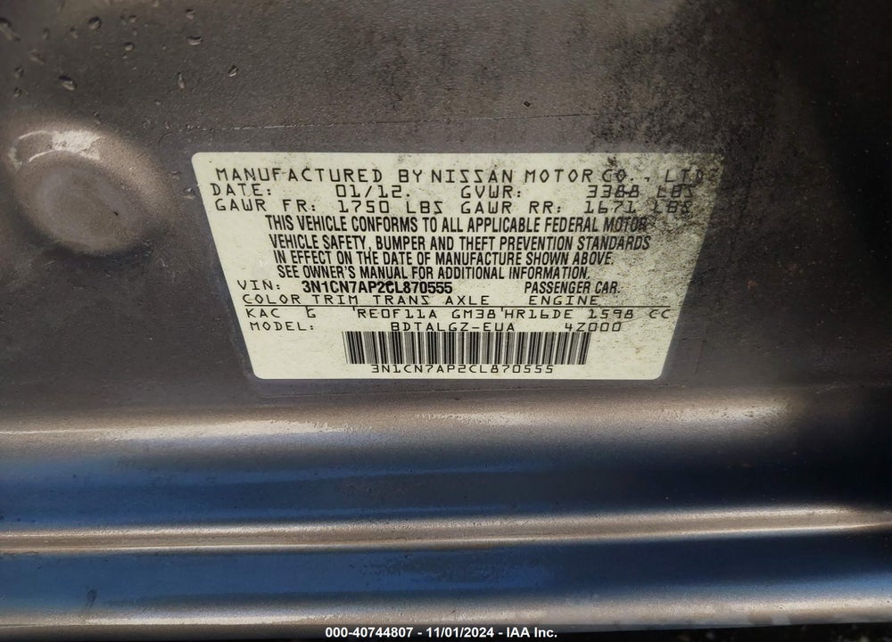 2012 NISSAN VERSA 1.6 SL VIN: 3N1CN7AP2CL870555