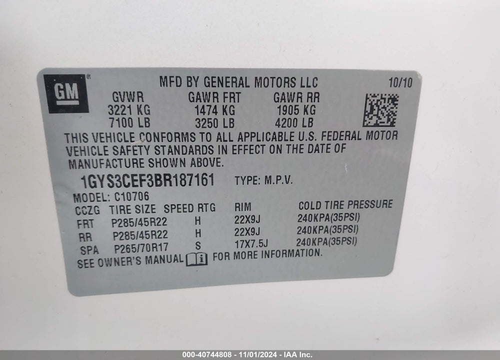 2011 CADILLAC ESCALADE PREMIUM VIN: 1GYS3CEF3BR187161
