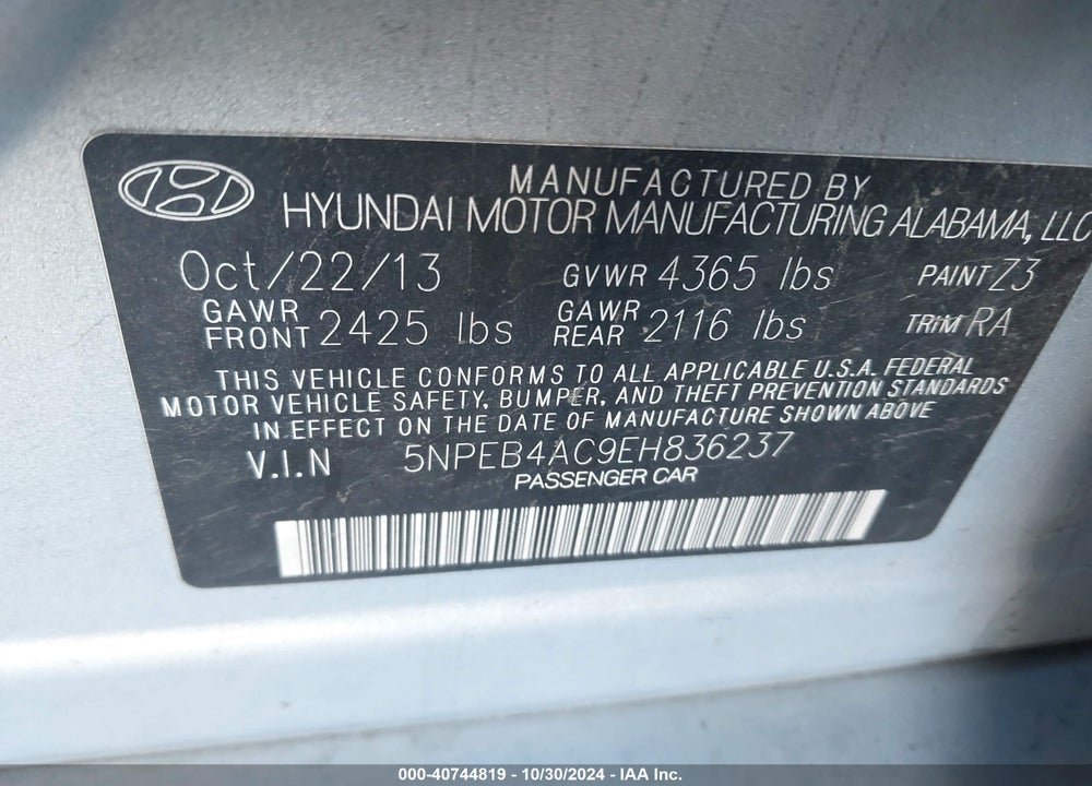 2014 HYUNDAI SONATA GLS VIN: 5NPEB4AC9EH836237