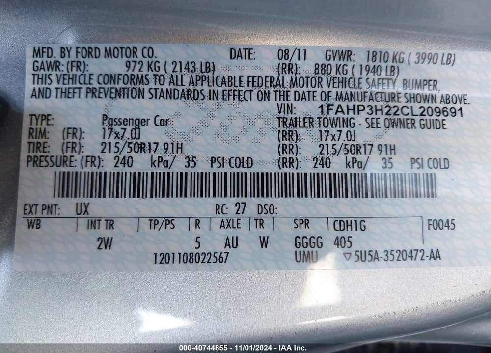 2012 FORD FOCUS SEL VIN: 1FAHP3H22CL209691