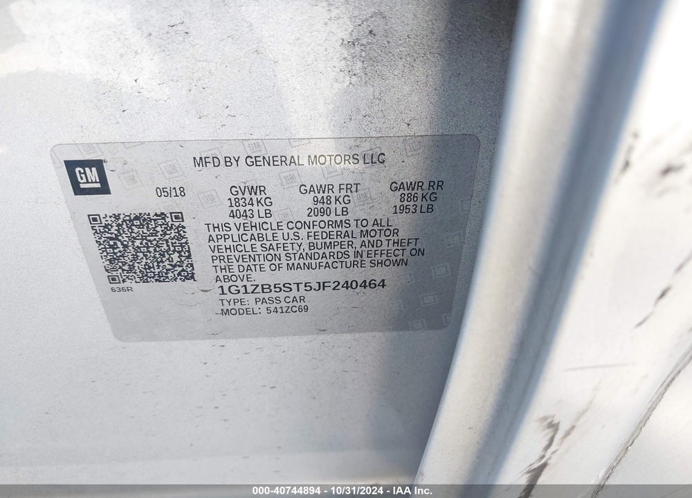 2018 CHEVROLET MALIBU 1LS VIN: 1G1ZB5ST5JF240464