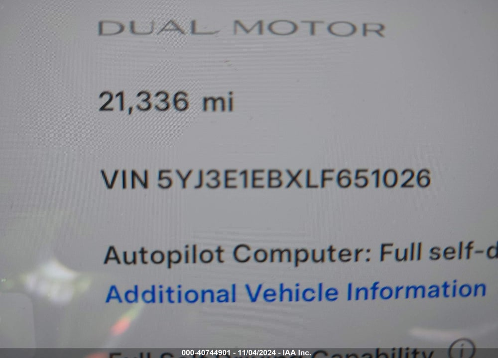 2020 TESLA MODEL 3 LONG RANGE DUAL MOTOR ALL-WHEEL DRIVE VIN: 5YJ3E1EBXLF651026