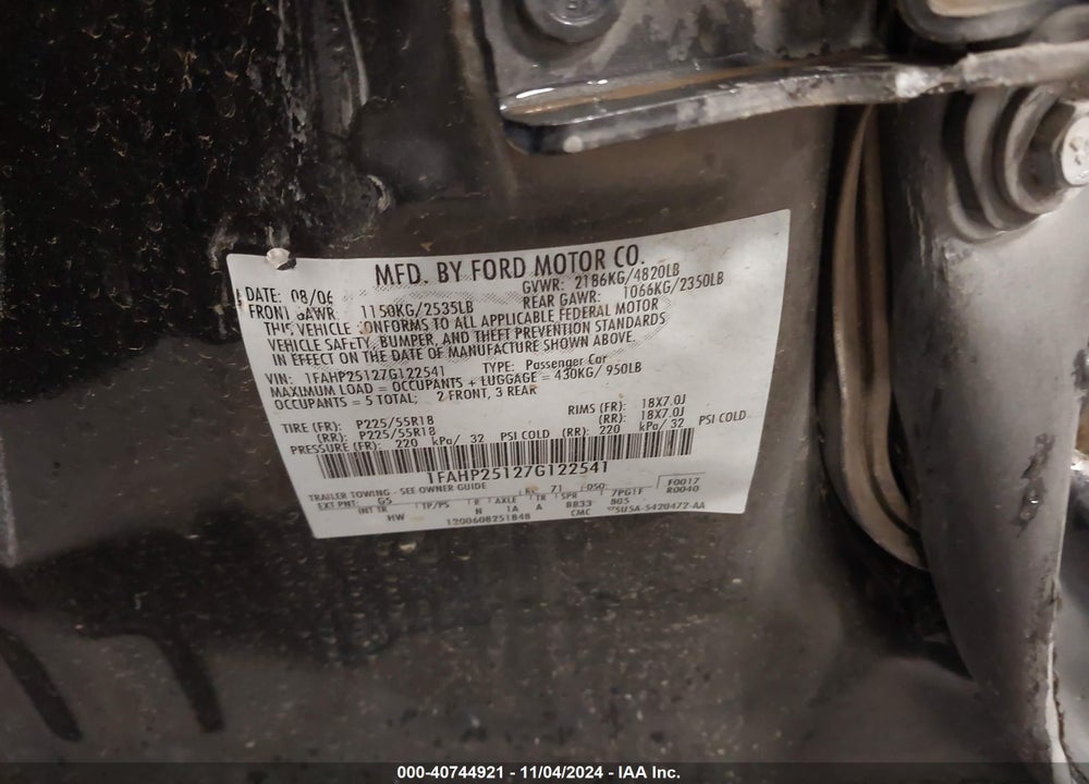2007 FORD FIVE HUNDRED LIMITED VIN: 1FAHP25127G122541