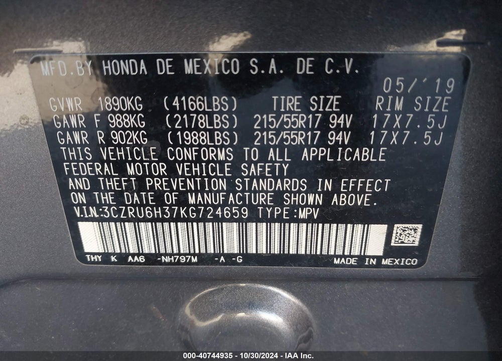 2019 HONDA HR-V LX VIN: 3CZRU6H37KG724659