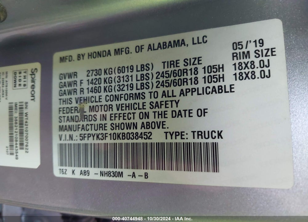 2019 HONDA RIDGELINE SPORT VIN: 5FPYK3F10KB038452