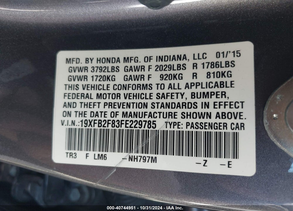 2015 HONDA CIVIC EX VIN: 19XFB2F83FE229785