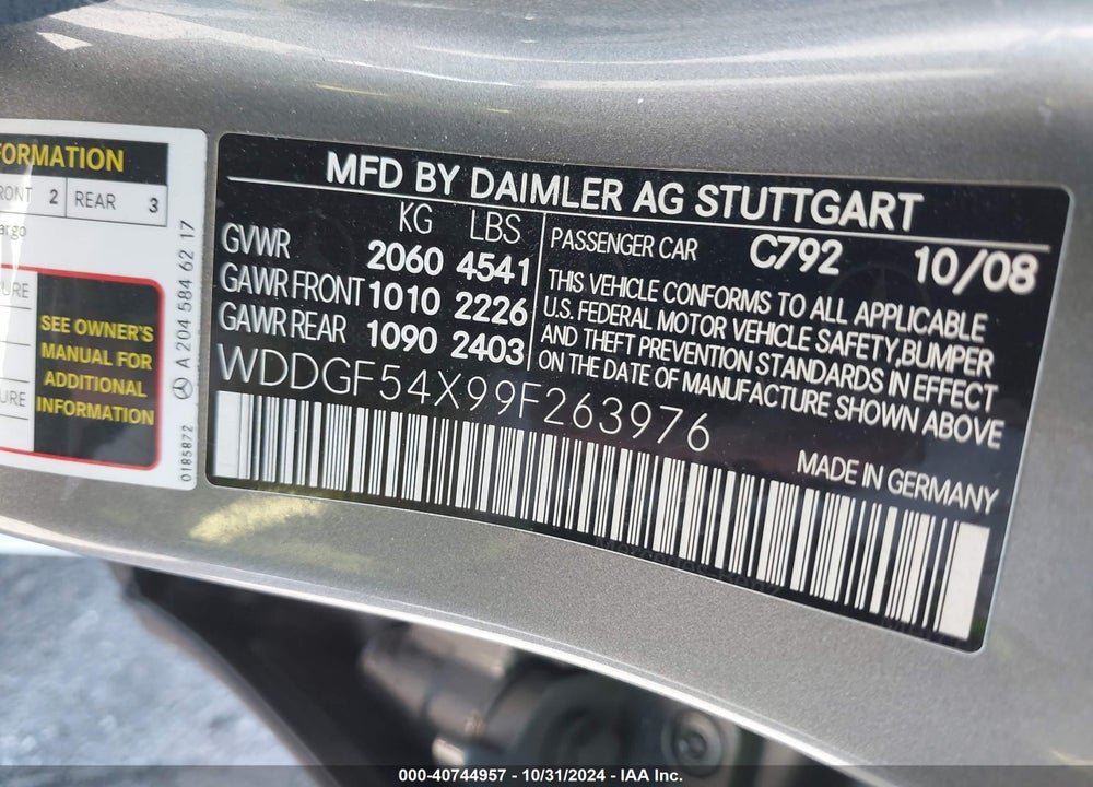2009 MERCEDES-BENZ C 300 LUXURY/SPORT VIN: WDDGF54X99F263976