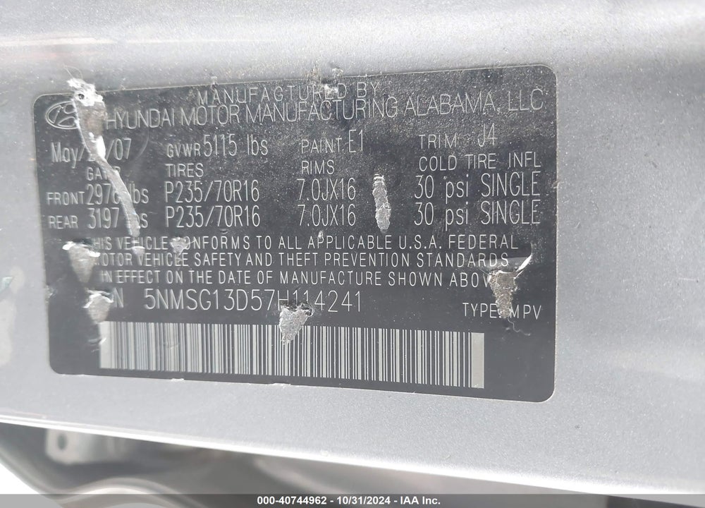 2007 HYUNDAI SANTA FE GLS VIN: 5NMSG13D57H114241
