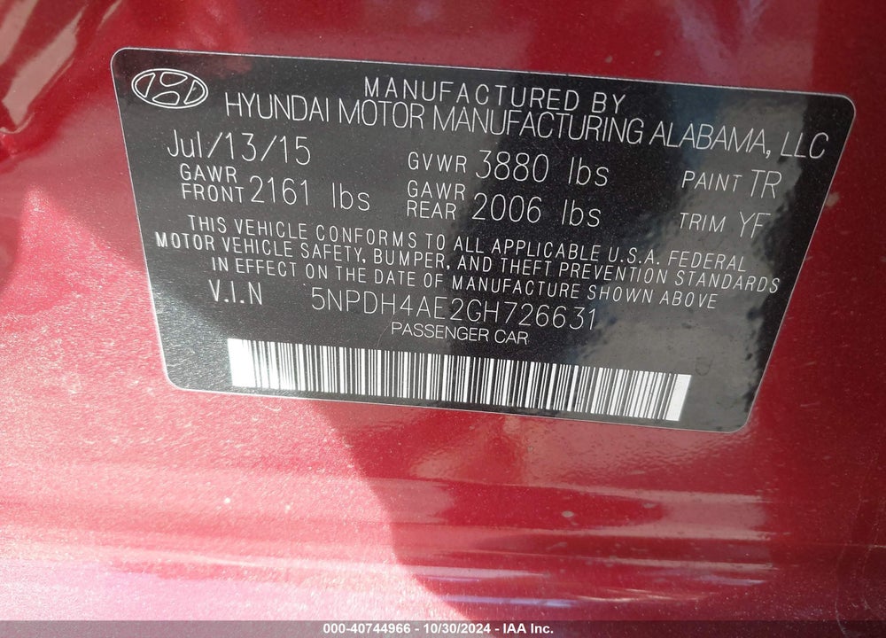2016 HYUNDAI ELANTRA SE VIN: 5NPDH4AE2GH726631