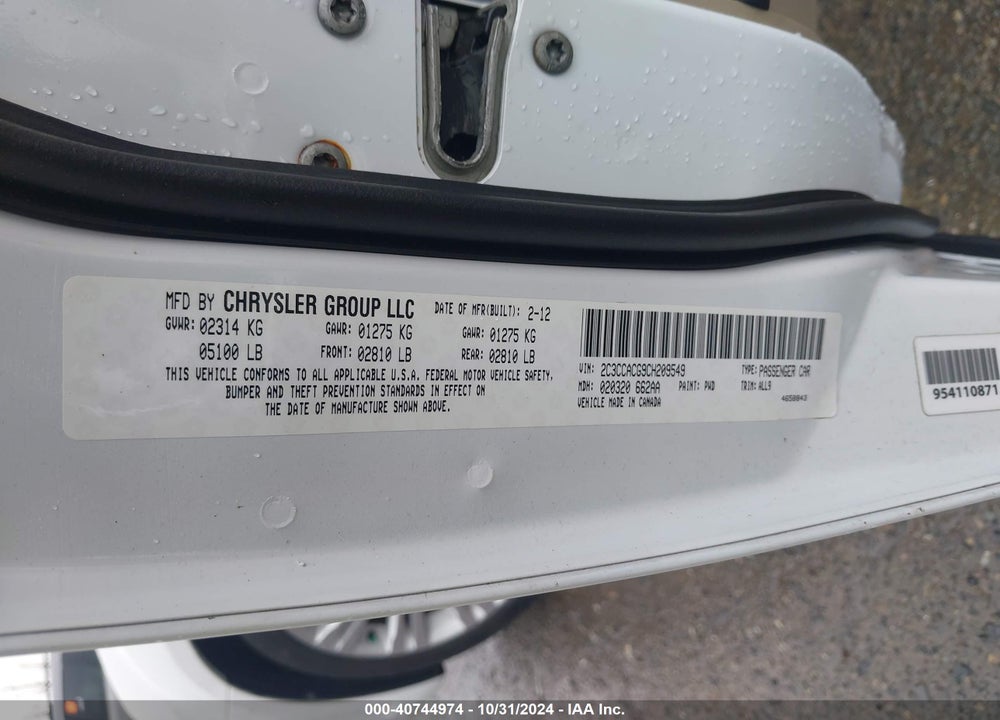 2012 CHRYSLER 300 LIMITED VIN: 2C3CCACG9CH209549