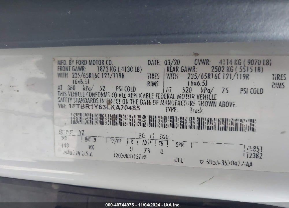2020 FORD TRANSIT-250 CARGO VAN VIN: 1FTBR1Y83LKA70485