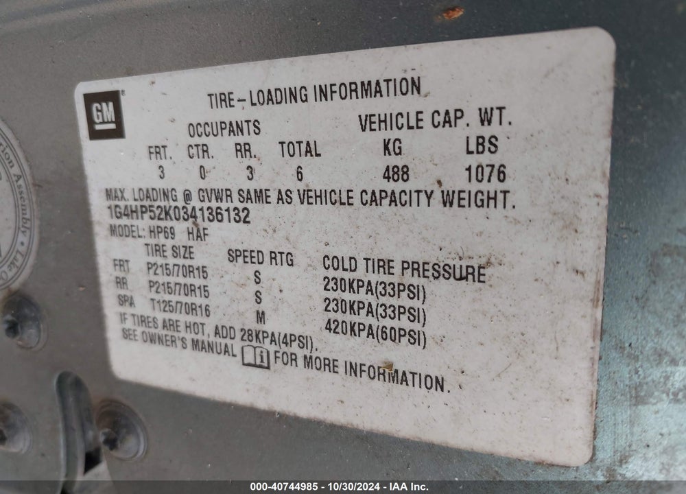 2003 BUICK LESABRE CUSTOM VIN: 1G4HP52K034136132