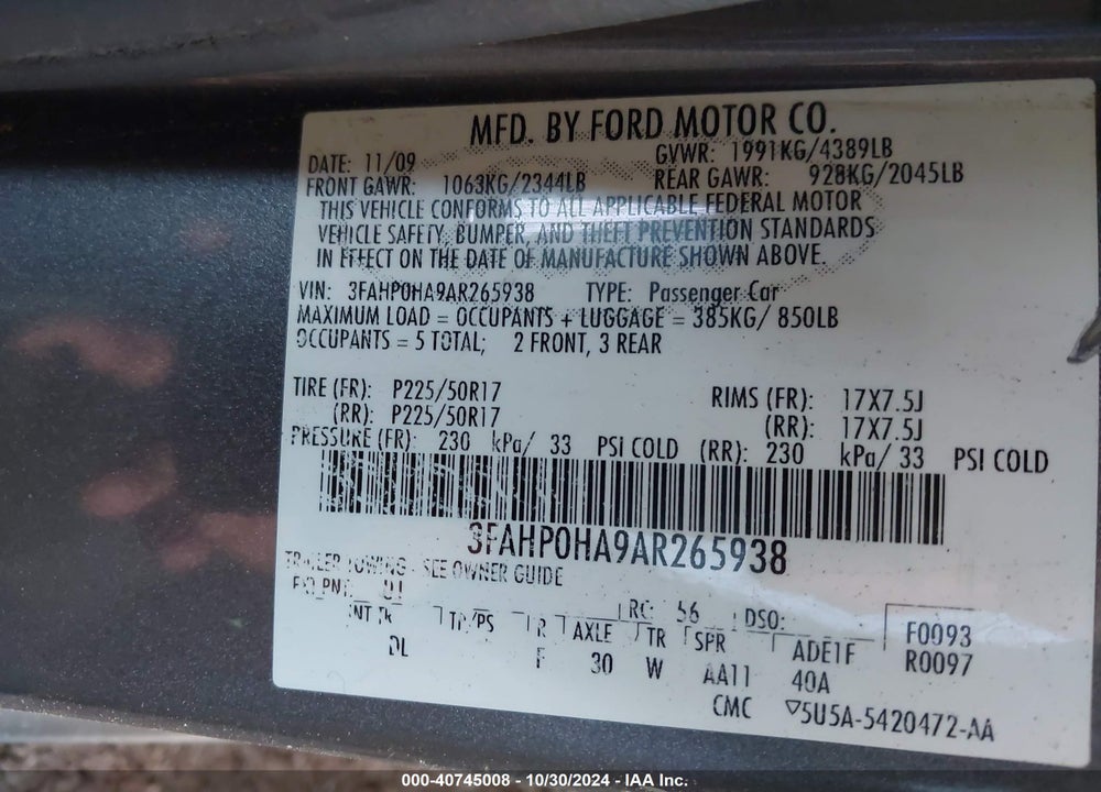 2010 FORD FUSION SE VIN: 3FAHP0HA9AR265938