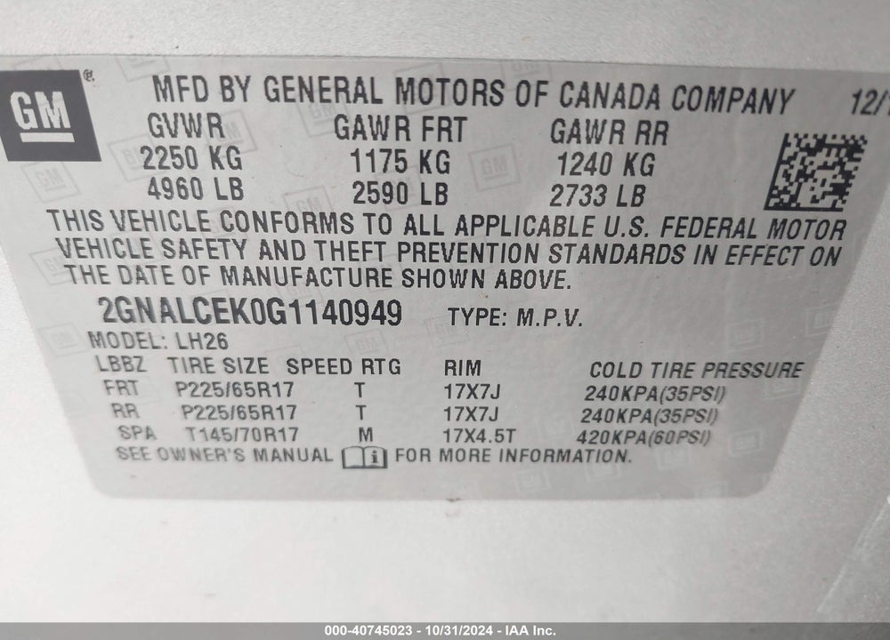 2016 CHEVROLET EQUINOX LT VIN: 2GNALCEK0G1140949