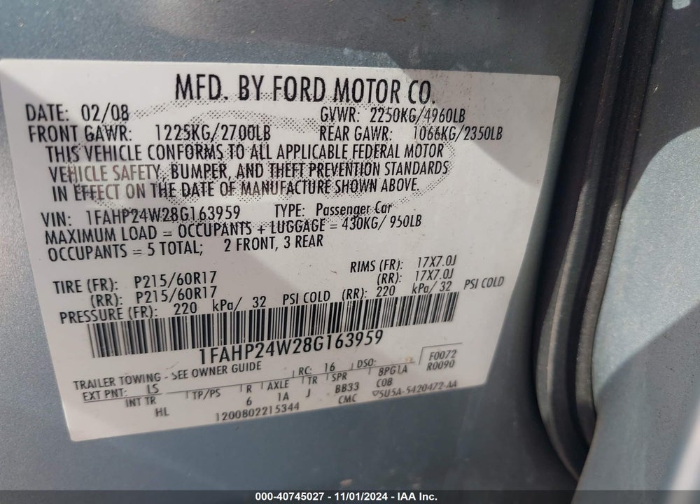 2008 FORD TAURUS VIN: 1FAHP24W2XB163959