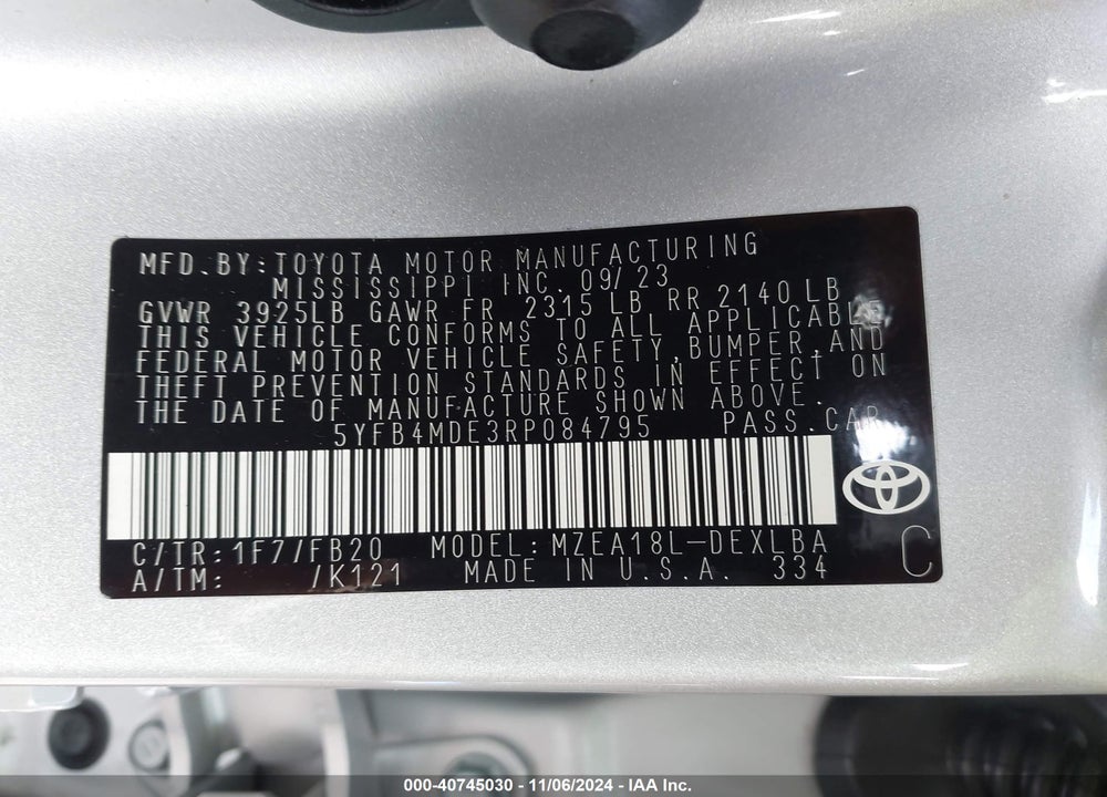 2024 TOYOTA COROLLA LE VIN: 5YFB4MDE3RP084795