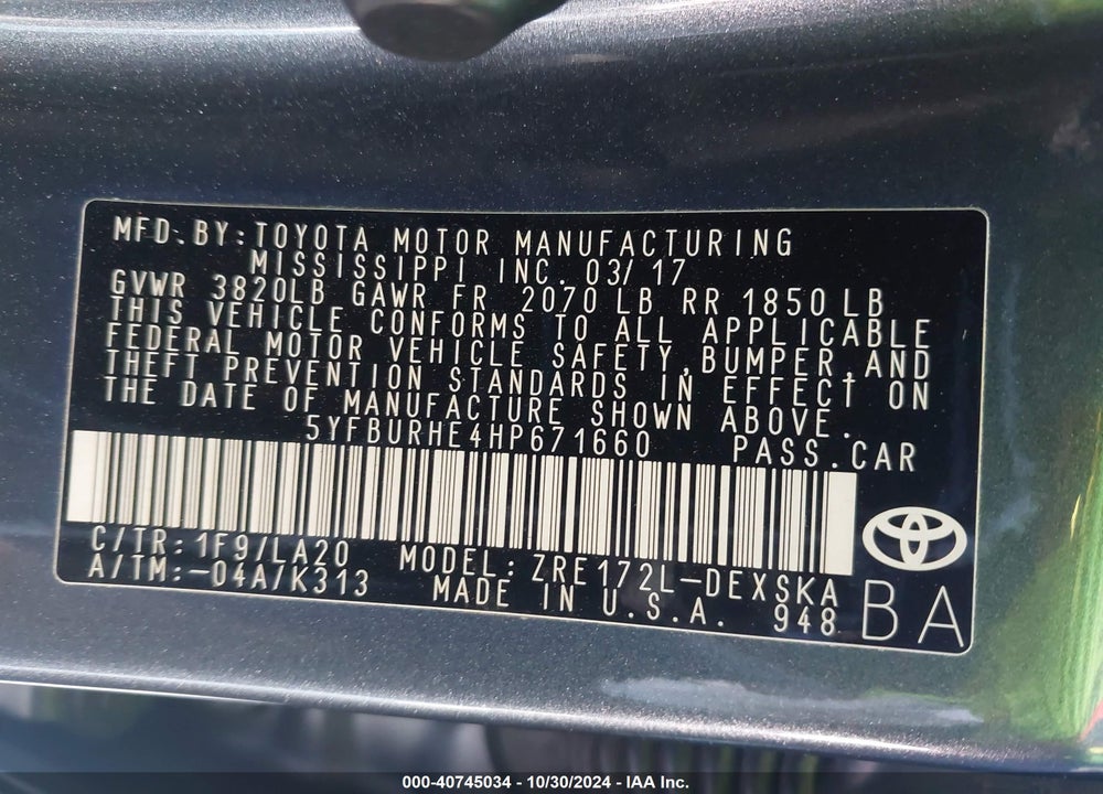 2017 TOYOTA COROLLA XSE VIN: 5YFBURHE4HP671660