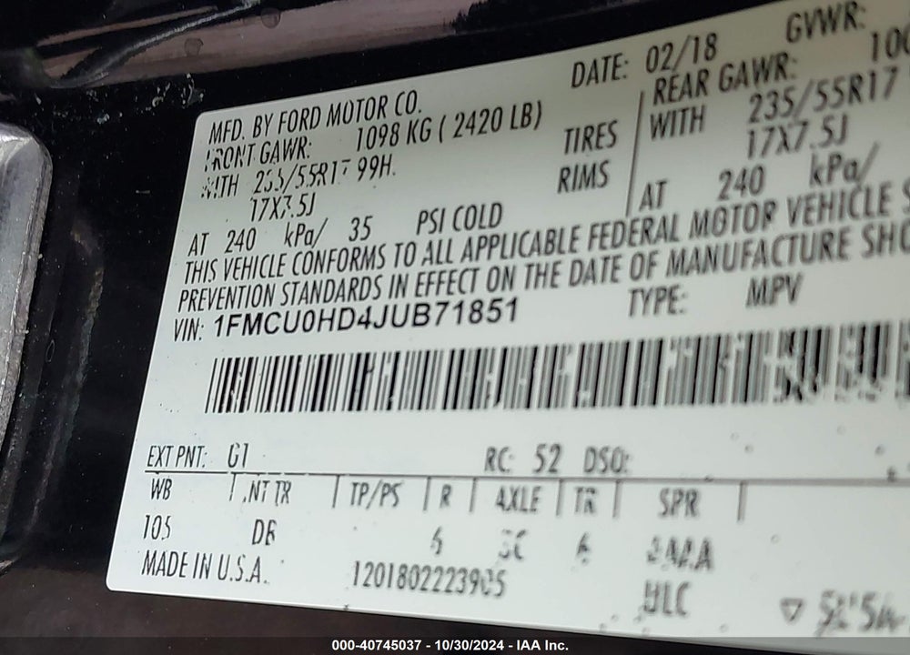 2018 FORD ESCAPE SEL VIN: 1FMCU0HD4JUB71851