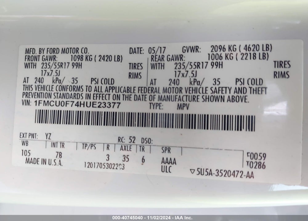 2017 FORD ESCAPE S VIN: 1FMCU0F74HUE23377