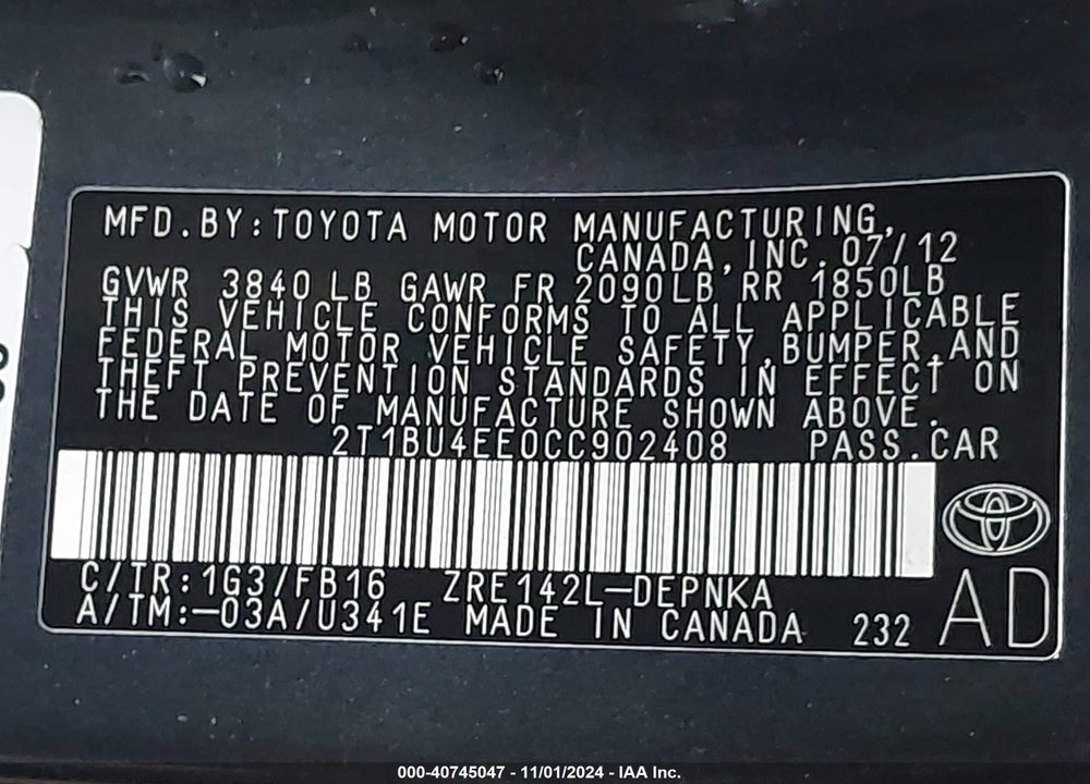 2012 TOYOTA COROLLA LE VIN: 2T1BU4EE0CC902408