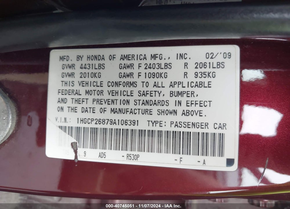 2009 HONDA ACCORD 2.4 EX-L VIN: 1HGCP26879A106391
