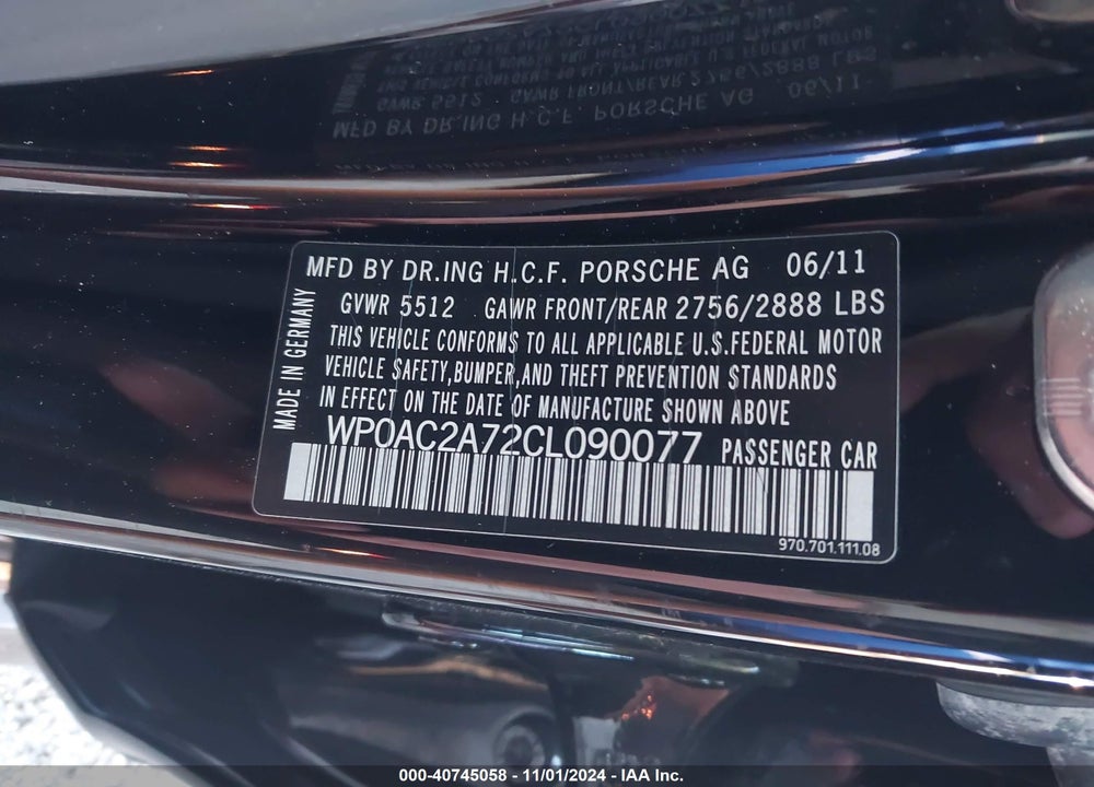 2012 PORSCHE PANAMERA TURBO VIN: WP0AC2A72CL090077