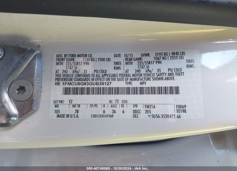 2016 FORD ESCAPE SE VIN: 1FMCU9G93GUB39127