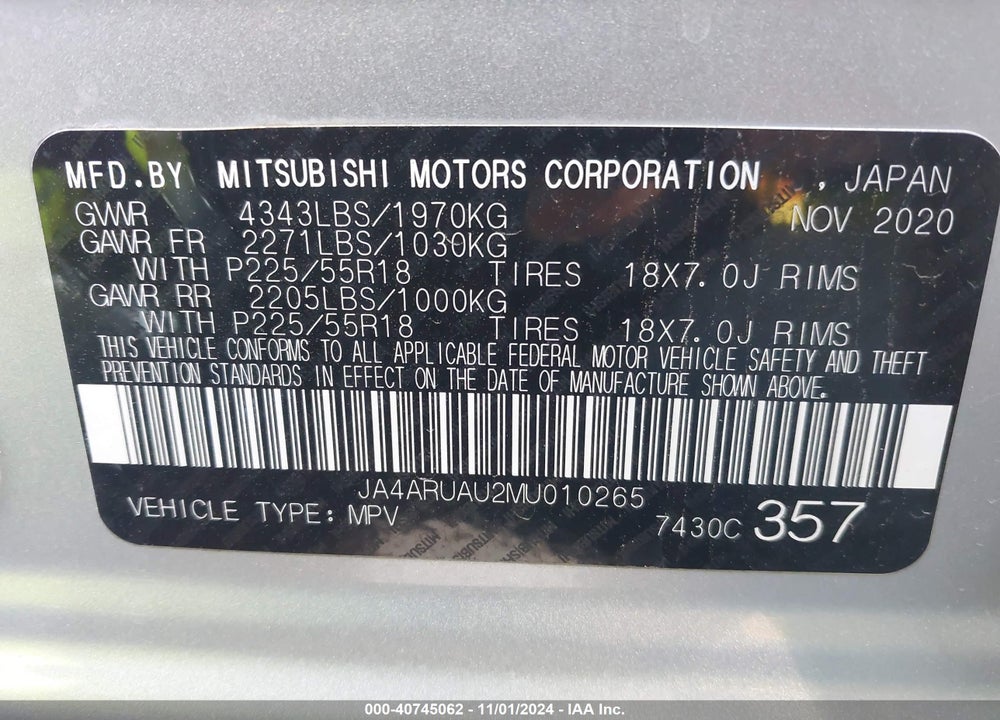 2021 MITSUBISHI OUTLANDER SPORT 2.0 BE /2.0 ES /2.0 LE /2.0 SE VIN: JA4ARUAU2MU010265