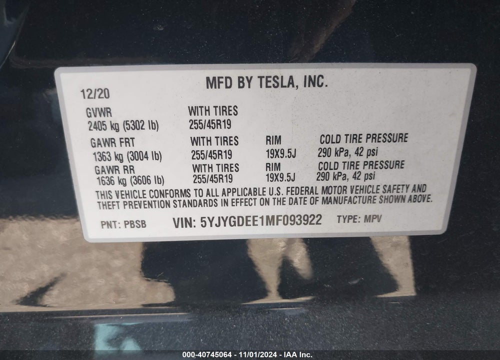 2021 TESLA MODEL Y LONG RANGE DUAL MOTOR ALL-WHEEL DRIVE VIN: 5YJYGDEE1MF093922