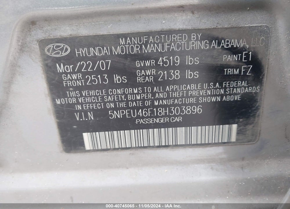 2008 HYUNDAI SONATA LIMITED V6/SE V6 VIN: 5NPEU46F18H303896